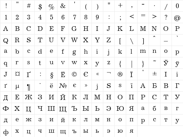 UkrainianJournal Regular  glyph index