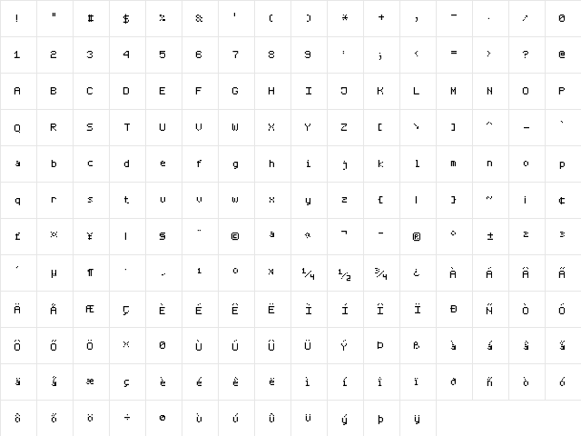 Thin Pixe-l7 Regular  glyph index