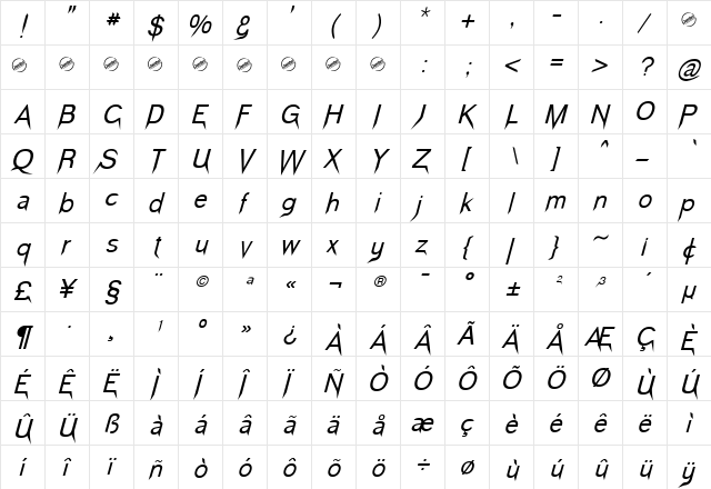 Vampetica Italic  glyph index