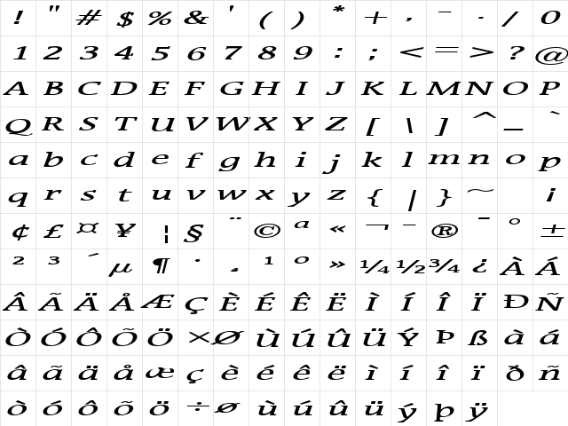 Mirror Extended BoldItalic  glyph index