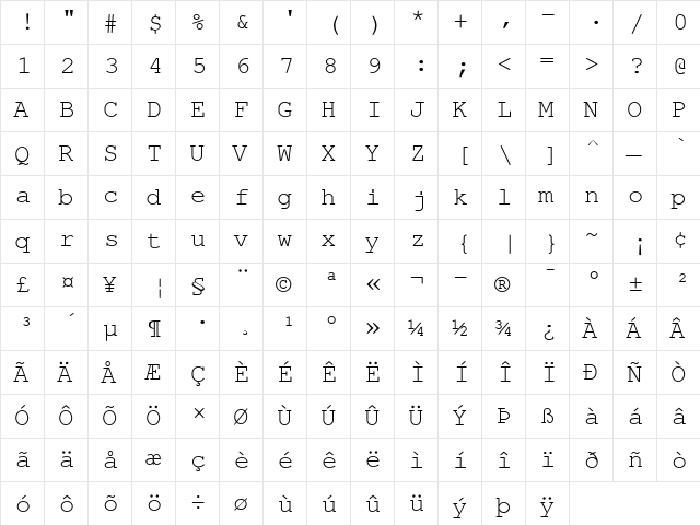Nimbus Mono L Regular  glyph index