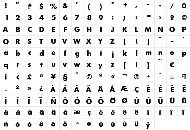 Limerick-ExtraBold Regular  glyph index