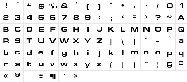 EuropeExt Bold  glyph index