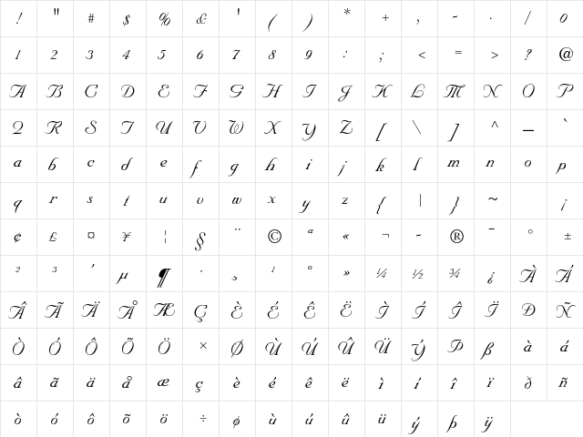 Nuptial Script LT Std Medium  glyph index