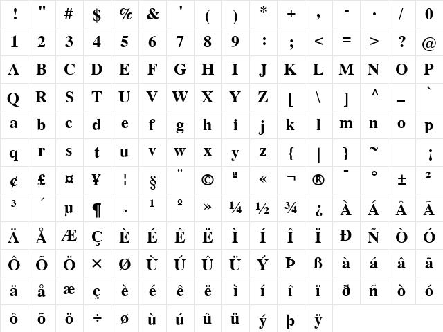 TempsSH Bold  glyph index