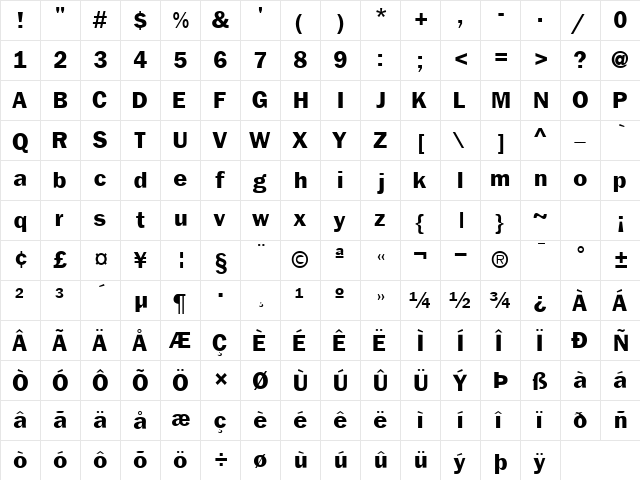 FranklinGothicBlackSSK Regular  glyph index