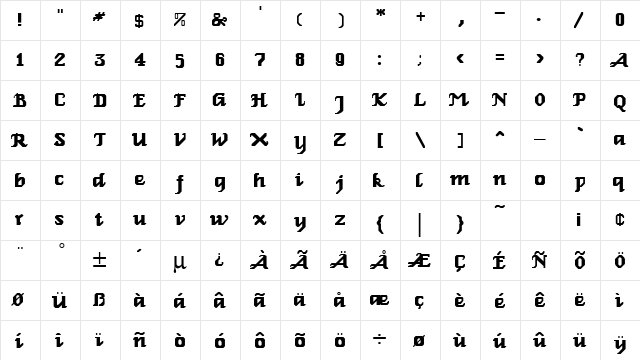 Seville Regular  glyph index