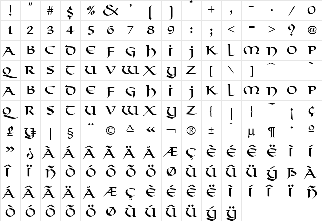 Viking Regular  glyph index