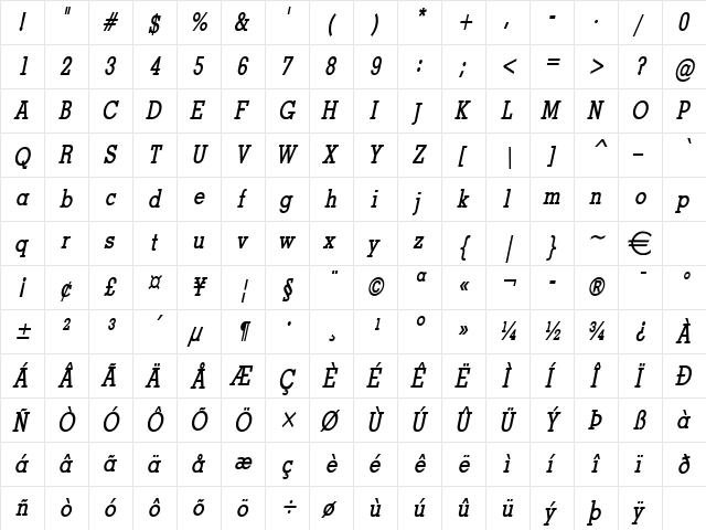 GeoThin BoldItalic  glyph index