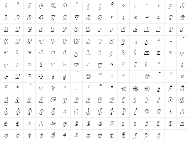 Heidelberg-Hollow Italic  glyph index