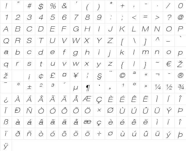 HelveticaNeue LT 33 ThinExObl Regular  glyph index