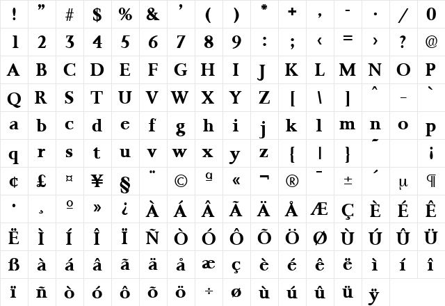Palermo-Serial DB Bold  glyph index