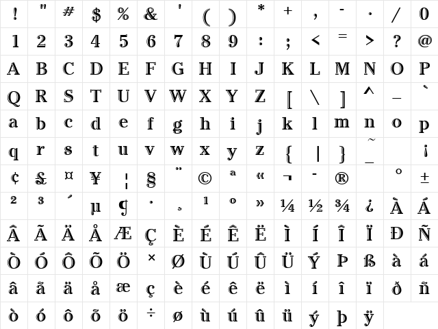 CheltenhamHanItcD Regular  glyph index
