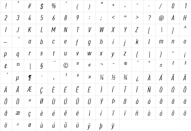 PF Din Text Comp Pro Light Italic  glyph index