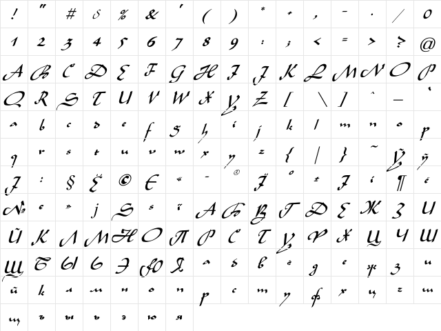 Legende Italic  glyph index