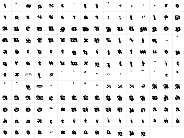 Lux Contra Tenebras Leftalic Italic  glyph index