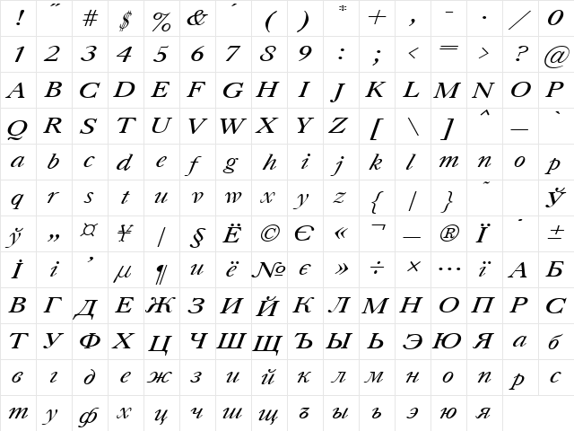 Uk_Caslon Italic  glyph index