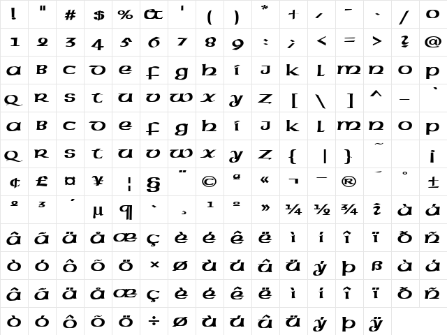 Celtic-Extended Bold  glyph index