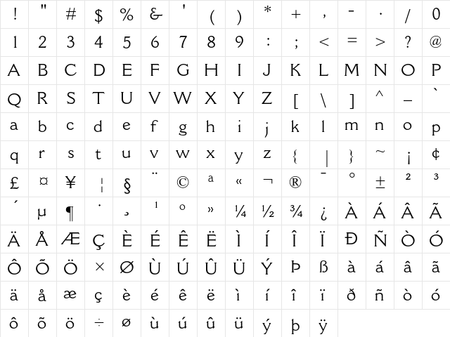 Cantoria MT Regular  glyph index