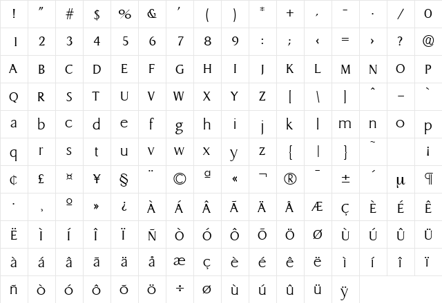 Dragon-Serial-ExtraLight Regular  glyph index