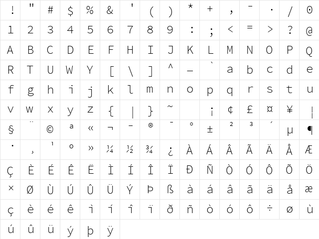 Source Code Pro Light Regular  glyph index