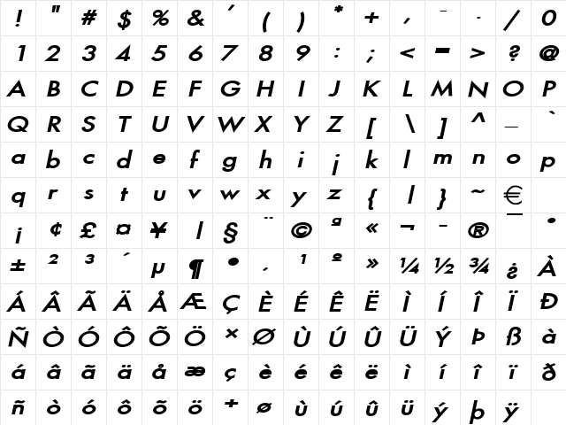 FusiWide BoldItalic  glyph index