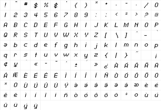 SF Pixelate Oblique  glyph index