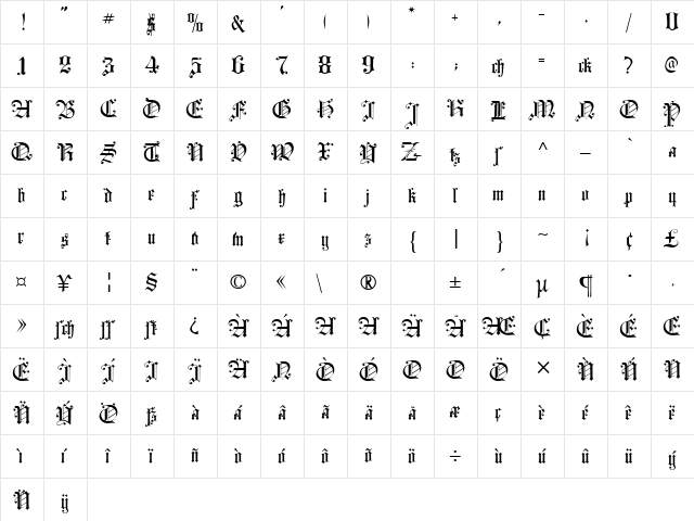 Courtrai Regular  glyph index