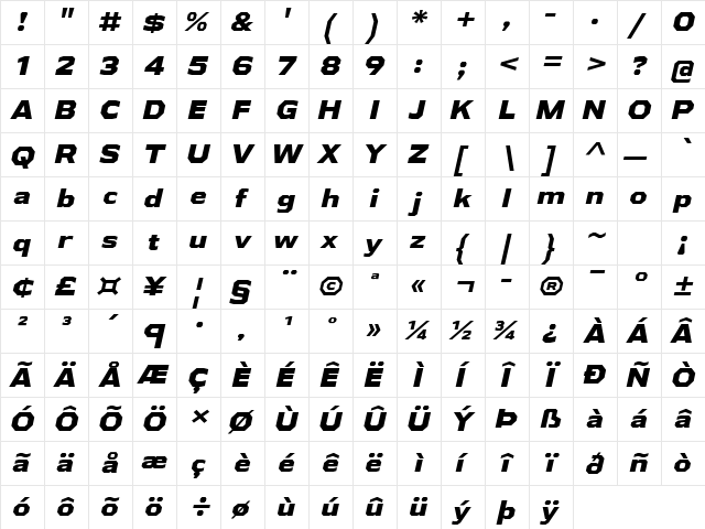 Athabasca Expanded ExtraBold Italic  glyph index