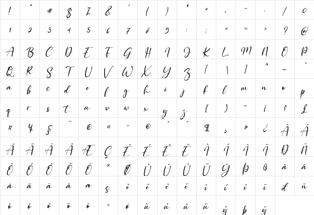 Mirrabella  Italic Regular  glyph index