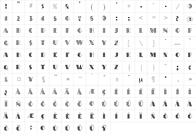 Moviestar Regular  glyph index