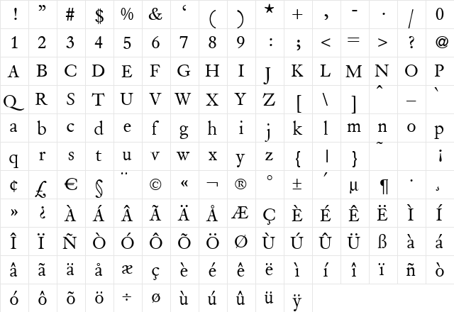 VanityBook Regular  glyph index