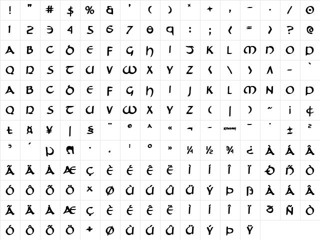 Tristram Bold Bold  glyph index