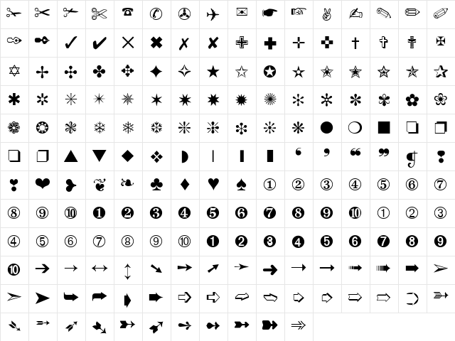 ZDingbats Medium  glyph index