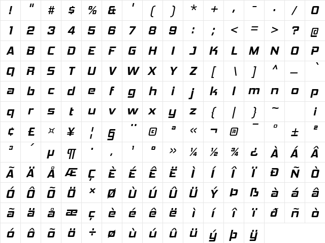 Hemi Head Bold Italic  glyph index