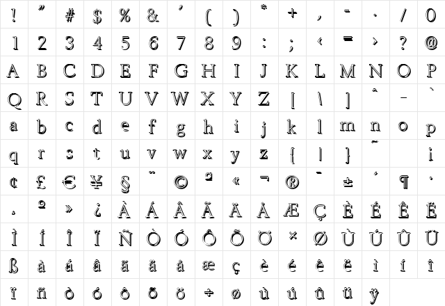 BrandonBeckerShadow-Xlight Regular  glyph index