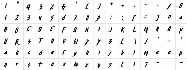 Misery Gymnast Regular  glyph index