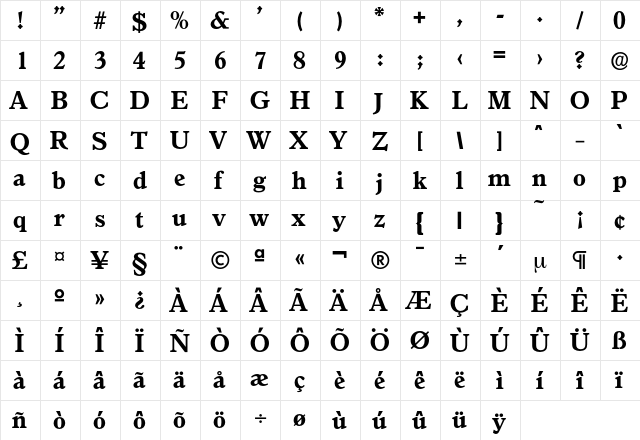 Granada-Bold Regular  glyph index