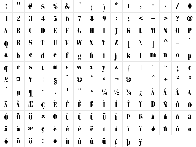 BauerBodoni Regular  glyph index