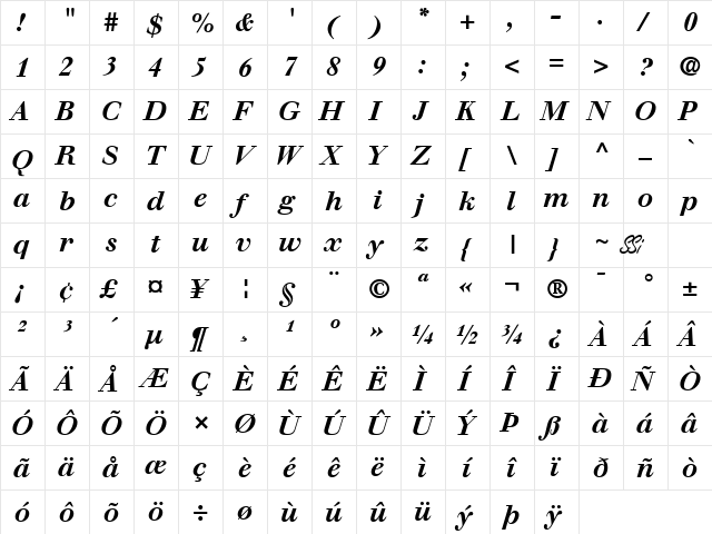 Walbaum SSi Bold Italic  glyph index