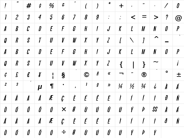 Vanishing Boy BTN Oblique  glyph index