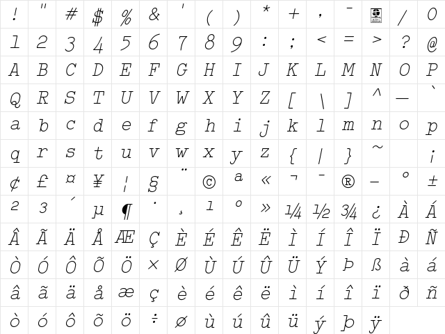 Typo Writer Light Demo Italic  glyph index