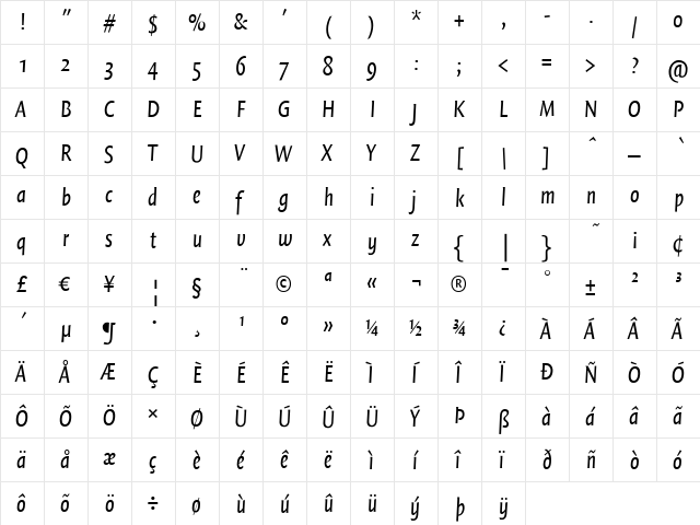 QuadraatSansCon Italic  glyph index