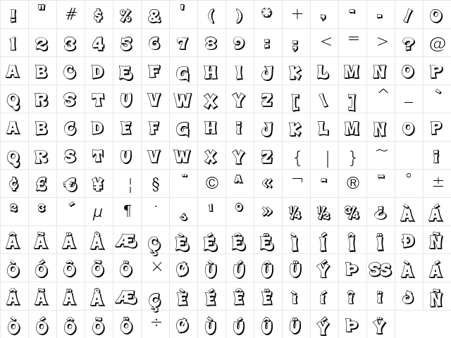 Super Delicious BTN Shadow Regular  glyph index