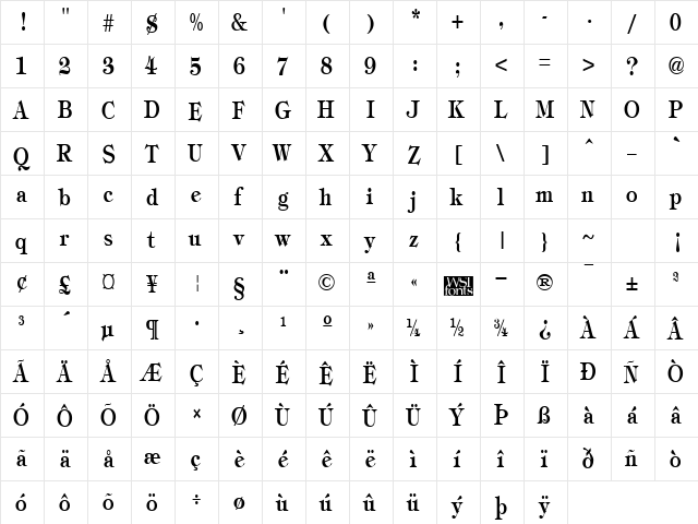 TimbrelCondensed Bold  glyph index