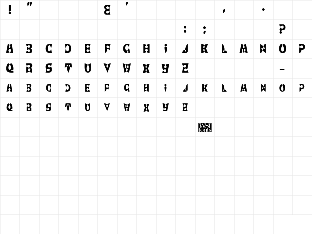 BrashDisplayCaps Regular  glyph index