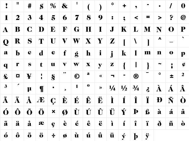 ITC Caslon 224 Black  glyph index