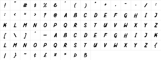 Mighty Brush Regular  glyph index