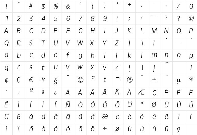 RavennaSerial-Light Italic  glyph index