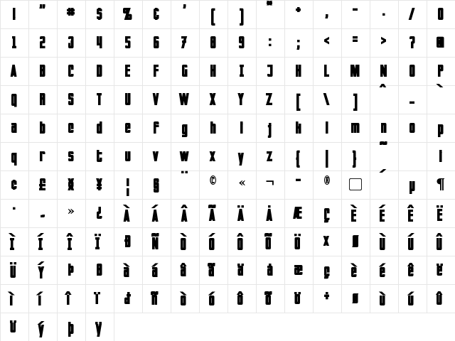 Invaders Bold  glyph index